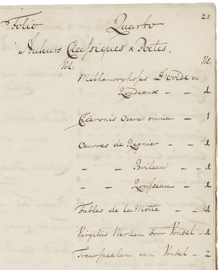 Handgeschreven pagina met de tekst:
Folio    Quarto
Auteurs classiques et poetes
Metamorphoses d'Ovide en rondeaux
Ciceronis opera omnia
Oeuvres de Regnier
Oeuvres de Boileau
Oeuvres de Rousseau
Fables de la Motte
Virgilüs Werken door Vondel
Treurspeelen van Vondel