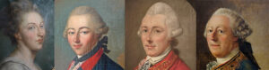 Vier portretten, van links naar rechts Belle van Zuylen, Diederik Jacob van Tuyll van Serooskerken, Reinoud Dierderik van Tuyll van Serooskerken en Jan Maximiliaan van Tuyll van Serooskerken