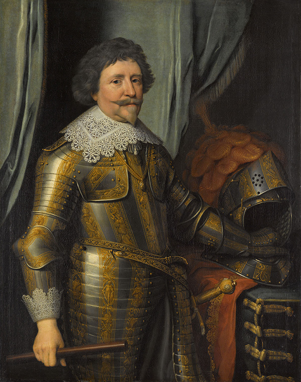 Portret van Frederik Hendrik, prins van Oranje. Staand, ten halven lijve, in wapenrusting. Commandostaf in rechterhand, de linkerhand op de helm die rechts op een tafel staat.