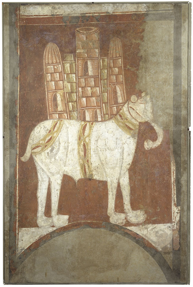 Een primitief getekende olifant met op zijn rug een heel kasteel.