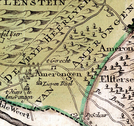 Plattegrond de Vrije Heerlijkheid Amerongenmet de bossen en rechts naast het dorp de galg.