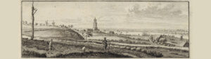 Overzicht van een landschap met in de verte en stad en rechts een galg