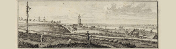 Overzicht van een landschap met in de verte en stad en rechts een galg