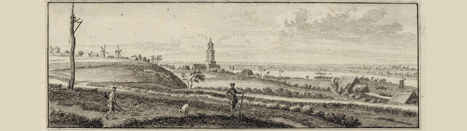 Overzicht van een landschap met in de verte en stad en rechts een galg