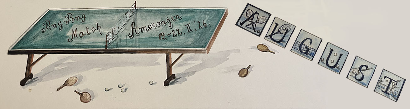 Een tafeltennistafel en het woord August versierd met tennisballen en rackets