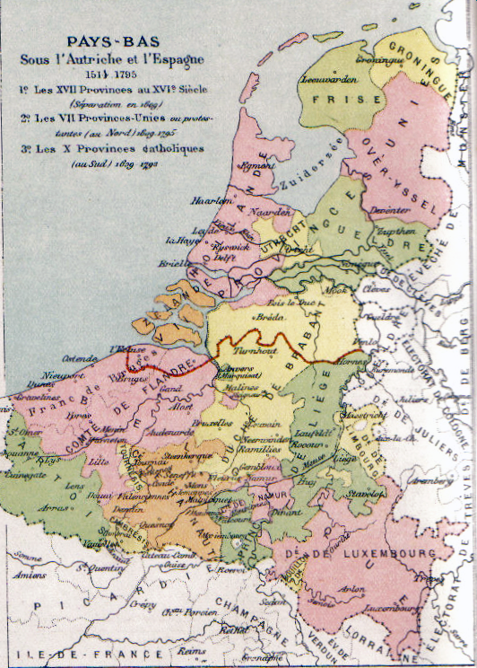 Kaart van de Nederlanden met een rode grens die onder Zeeuws-Vlaanderen, dwars door Brabant (ongeveer de huidige grens met België) en net ten noorden van Venlo loopt.