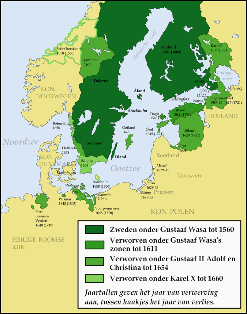 Kaart van het Oostzee gebied waarin Zweedse veroveringen staan in het huidige Noorwegen, Finland, Rusland, Baltische staten en Noord-Duitsland.