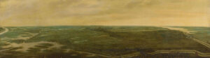Een waterig landschap met in de verte een stad.