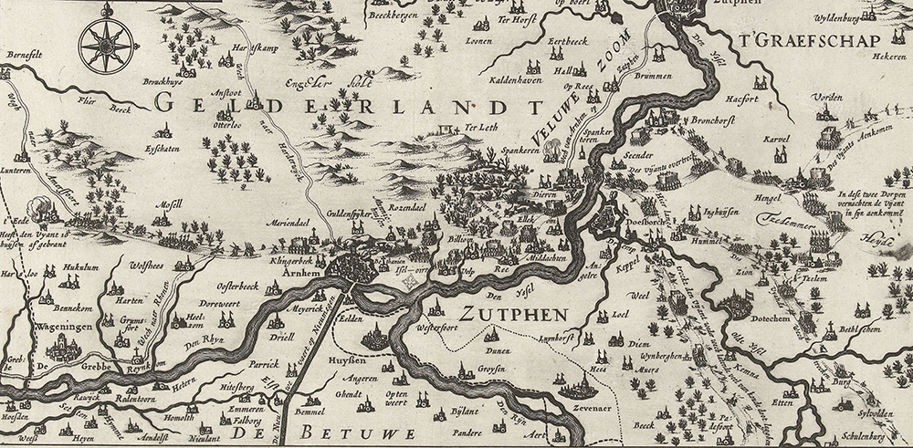 Een plattegrond van het IJsselgebied. Ten Noorden van Doetinchem steken verschillende legers de IJssel over die via De Steeg, Velp, Arnhem, Mariëndaal en Mossel naar Amersfoort trekken. 
