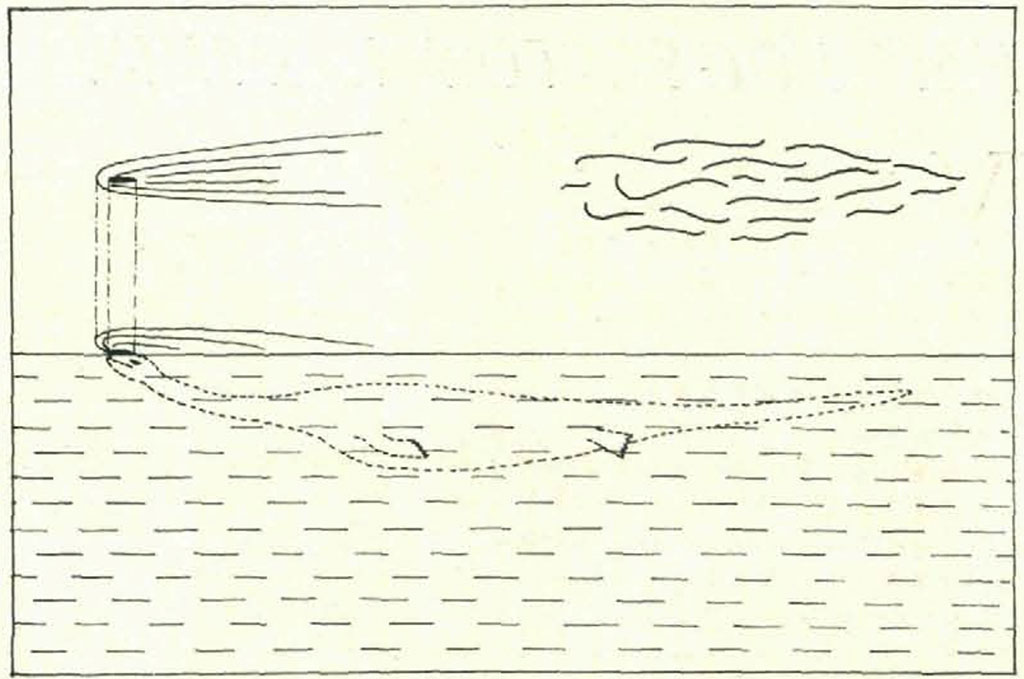 Tekening van een groot monster onder water, zijn kop steekt boven het water uit en uit de kop komt zijn dampige adem. Rechts boven de dampsluier.