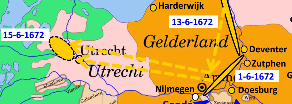Kaart van Utrecht en Gelderland. Achter de IJssel liggen twee gele ovalen die staan voor de staatse legers. Op 1 juni 1672 zijn ze achter de IJssel gelegerd. Op de 13 juni trekken ze naar Arnhem en op 15 juni zijn ze in Utrecht.