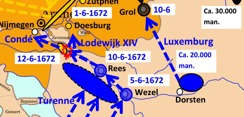 Kaartje van de Achterhoek en Arnhem-Nijmegen met het Duitse land daarachter. Een groot blauw ovaal tussen Rees en Wezel, geeft de plaats van de legers op 5 juni weer van Turenne, Condé en Lodewijk XIV, een blauw rondje bij Dorsten is het leger van Luxembourg. Luxembourg trekt direct naar het noorden, waar hij 10-6 aankomt. Lodewijk trekt naar Rees (10-6) en van daar naar Doesburg. Condeé trekt naar Nijmegen (12-6).