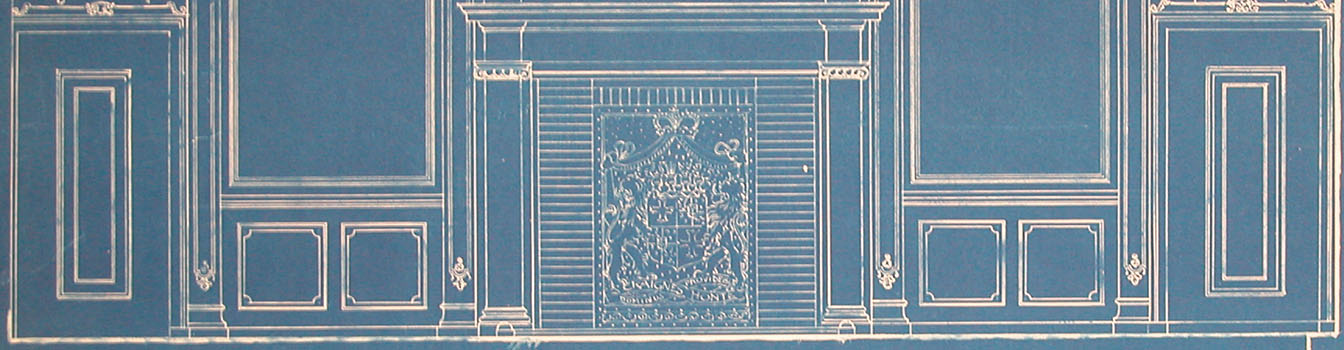 Blauwdruk met in het midden een schouw met een haardplaat