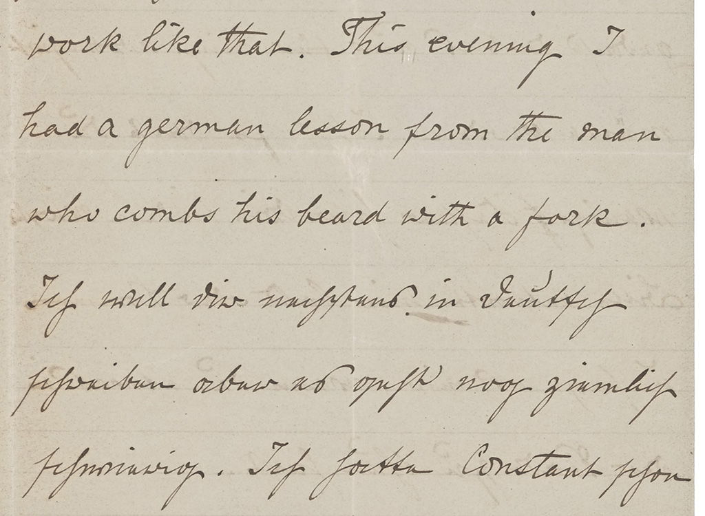 handgeschreven tekst. Het Engels is goed leesbaar, het duits is het oudduitse handschift