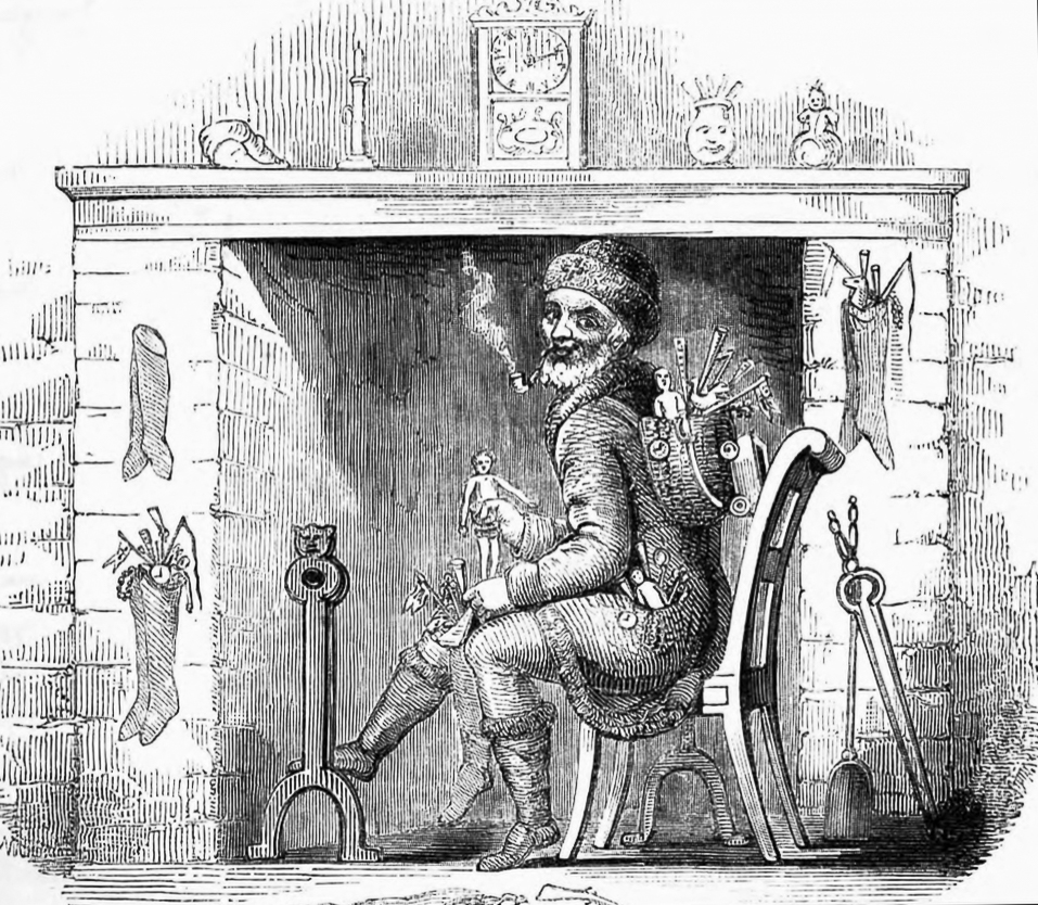 Een slanke man met een muts en een baard zit op een stoel voor de schoorsteen. Op zijn rug een zak met speelgoed. Hij is bezig een kous te vullen.