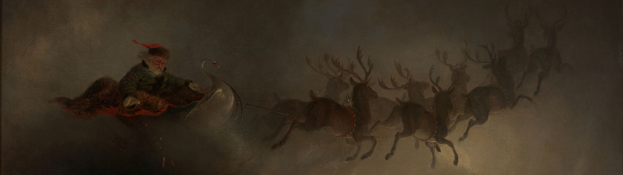 Een kerstman met een groene jas vliegt in het donker door de wolken