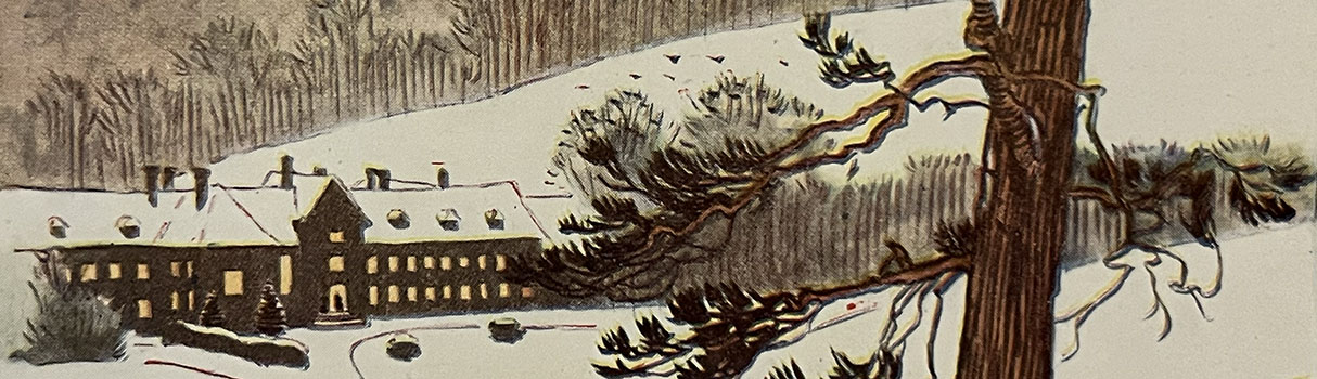 Een groot landhuis van afstand in besneeuwde heuvels