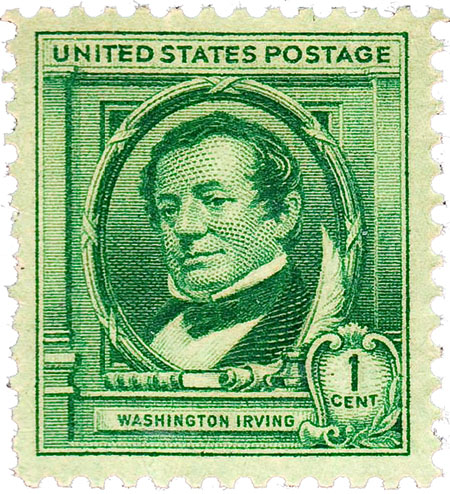 Een groene postzegel met bovenaan United States Postage. In een medaillon het portret van een man die naar links kijkt en een hoog gesloten blouse draagt. Rechts onderaan een cartouche met daarin "1 cent"