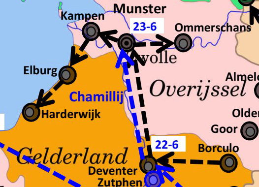 Troepenbewegingen in Overijssel en Gelderland. Met zwarte pijlen zijn de bewegingen van de bisschoppelijke troepen aangegeven: van Borculo via Zwolle en Kampen naar Elburg en Harderwijk.