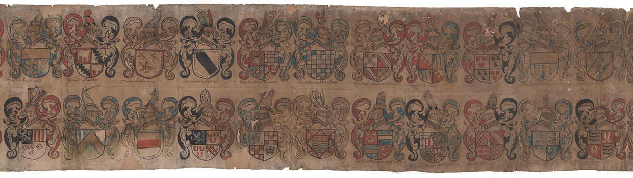 twee rijen met uitgetekende familiewapens