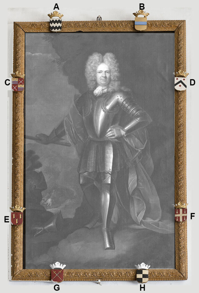 Een portret ten voeten uit van een in een harnas geklede man in een lijst met daarop wapenschildjes. Het schilderij is grijs gemaakt en bij de acht wapenschildjes staan de letters A tm H.