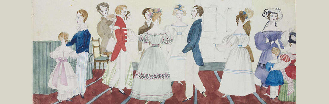 Een dansend gezelschap van mannen vrouwen en kinderen.