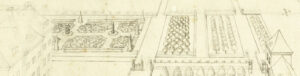 Tekening van het dak van kasteel Amerongen met op de achtergrond een formele tuin