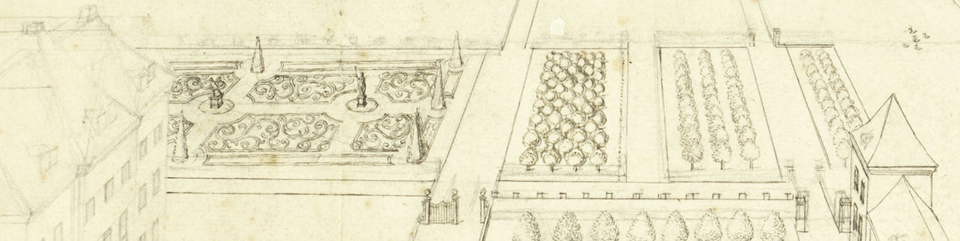 Tekening van het dak van kasteel Amerongen met op de achtergrond een formele tuin