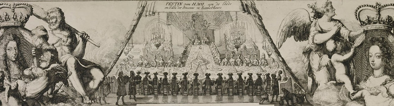Een grote bankettafel met Willem III en Mary Stuart aan het hoofd.