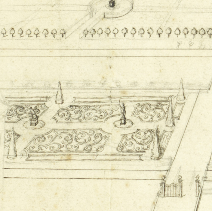 Tekening van een tuin, rechts een pad met een open staand hek. Aan het pad een paar puntige boompjes, daarnaast perken of broderieën rondom twee standbeelden. 