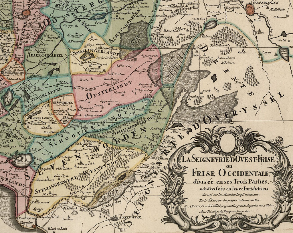Kaart van het zuidoosten van Friesland met rechtsonder een cartouche met daarin de tekst La Seignevrie d' Ovest- Frise ou Frise Occidentale divisee en ses Trois Parties, subdivisees en leurs juridictions.