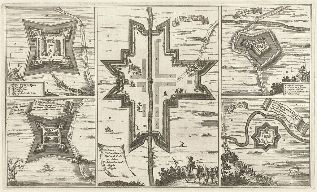 Gravure met vijf vestingen. Rechts boven een redelijk vierkante vesting (Zwartedijk), daaronder een vesting die iets meer stervormig is met vier punten (de schans Preberg), in het midden een grotere vesting met rechts een uitstulping (Gorredijk), rechts boven een klein recht hoekig schansje met een punt (Schooterbrug) en rechtsonder een schansje met acht punten (Schans aan de Tolbrug). 