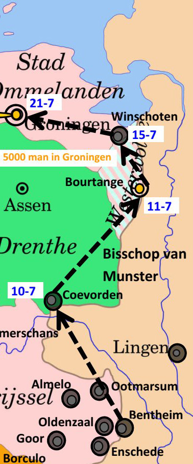 Troepenbewegingen via Overijssel en Drenthe naar Groningen. Met zwarte pijlen zijn de bewegingen van de bisschoppelijke troepen aangegeven: van Bentheim via Coevorden, Bourtange en Winschoten naar Groningen.