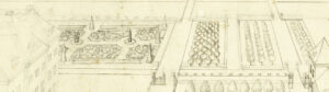 Vogelvlucht tekening met links een fragment van het kasteel en daarachter een formele tuin.