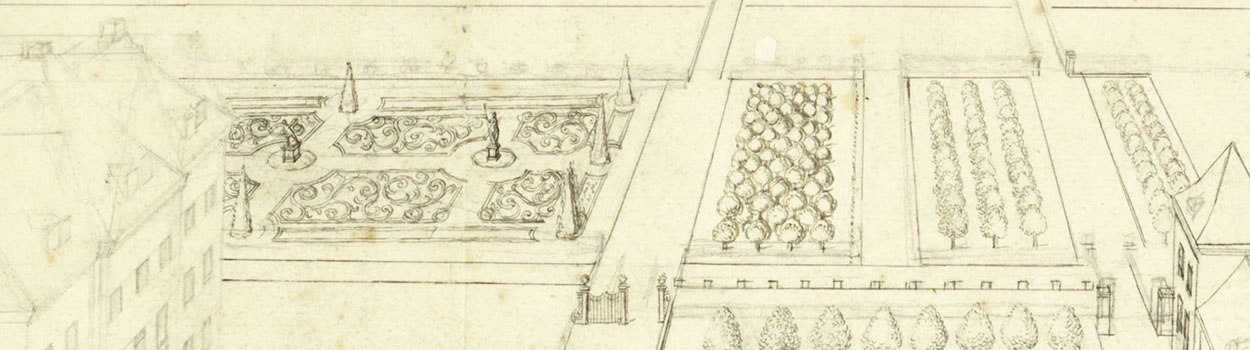 Vogelvlucht tekening met links een fragment van het kasteel en daarachter een formele tuin.