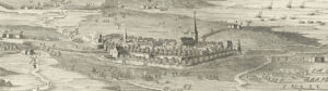 Gravure van een vestingstadje met daaromheen militaire bewegingen