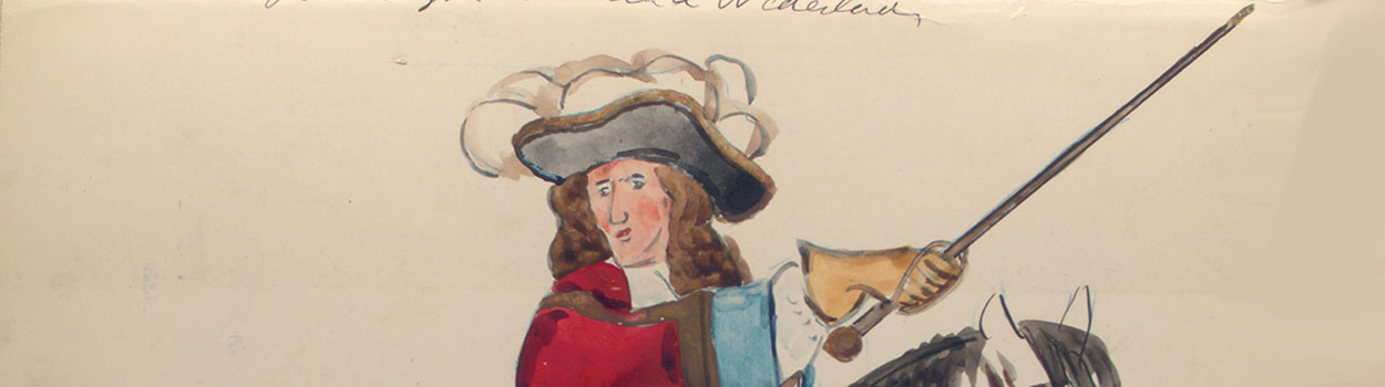 Tekening van man met rode jas en hoed te paard die vooruit wijst met stok.