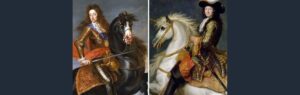 Twee ruiterportretten: links Willem III en rechts Lodewijk XIV