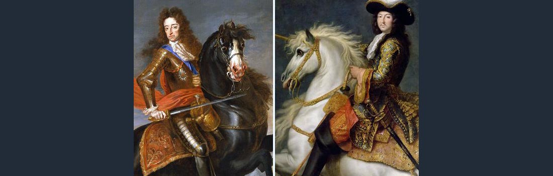 Twee ruiterportretten: links Willem III en rechts Lodewijk XIV