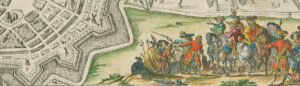 Een groep soldaten aan de rand van de kaart van een stad.