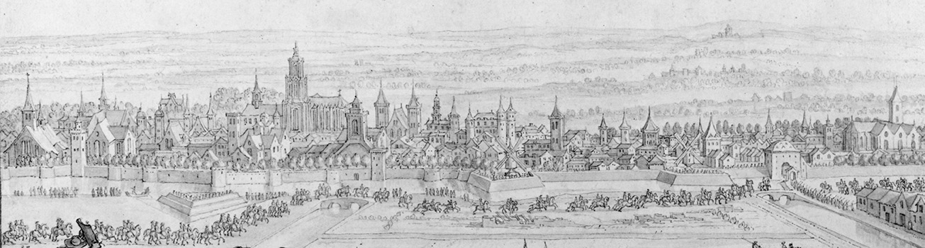 Tekening van de stad Utrecht met een leger ervoor