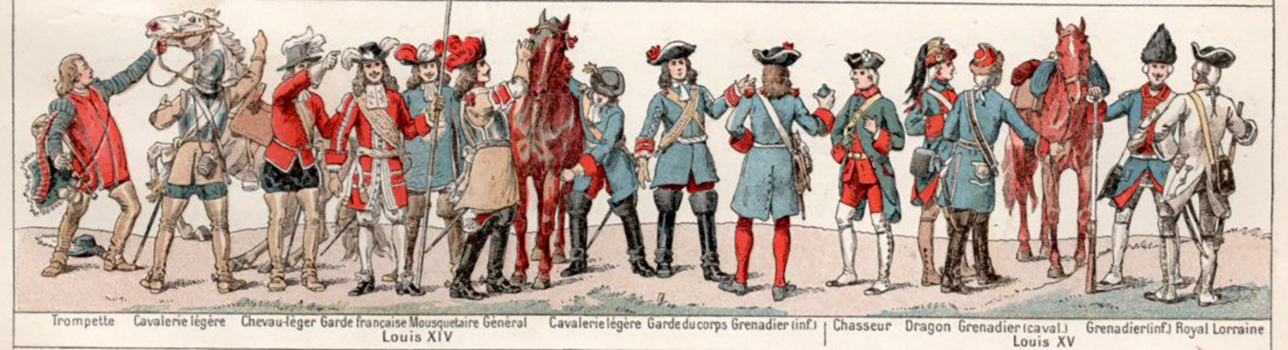 Tekening van militairen in uniforms in 17e en 18e eeuw.