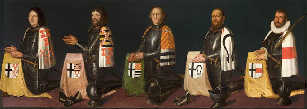 Vijf schilderijen van ridders die geknield zitten achter een kleedje met daarop een heraldiek wapen met links het Duitse kruis en rechts het familiewapen