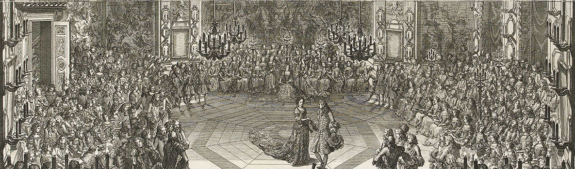 Gravure van twee mensen midden op een dansvloer
