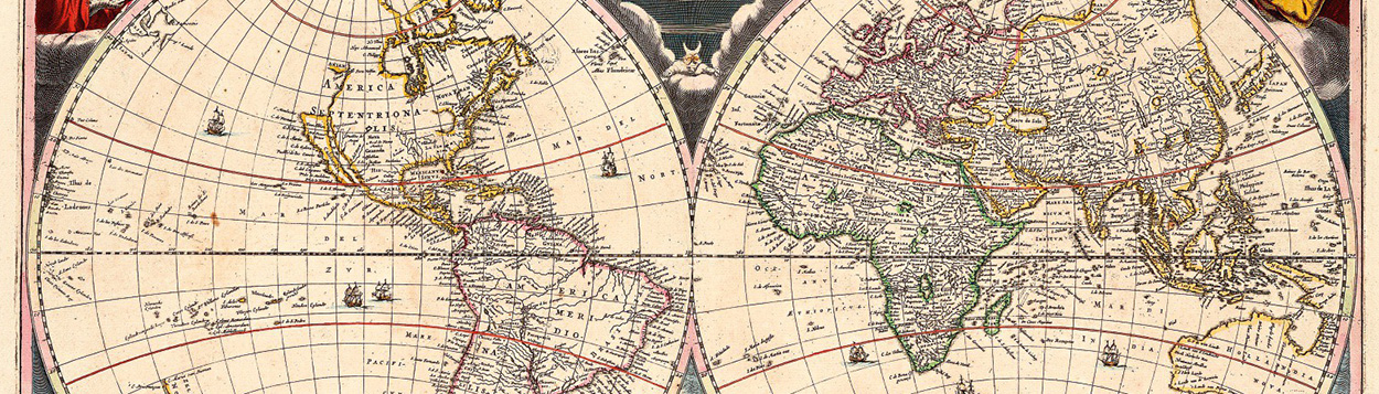 Wereldkaart met links de Amerika's en rechts Afrika en Azië.