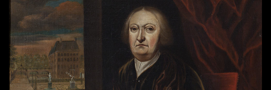 Portret van een strengkijkende vrouw, naast haar een raam met uitzicht op kasteel Amerongen.