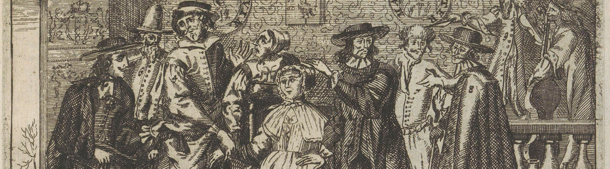gravure van allemaal mannen rondom een zittende vrouw