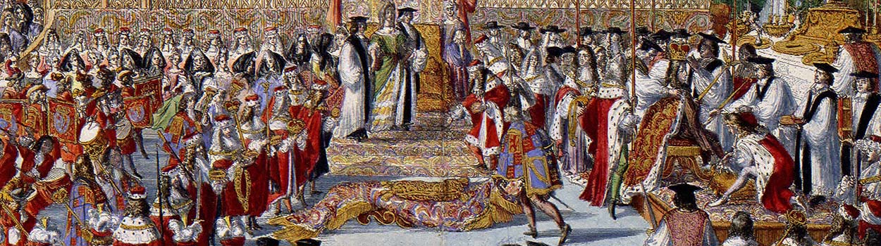 Drukke tekening van een Engelse ceremonie met allemaal mensen in pakjes