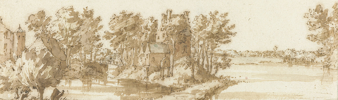 Tekening van een verdedigbare toren aan een rivier.