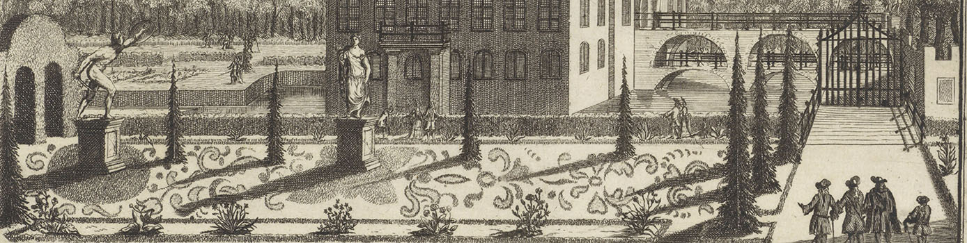 Deel van een gravure van een formele tuin en op de achtergrond de dubbele brug van Kasteel Amerongen
